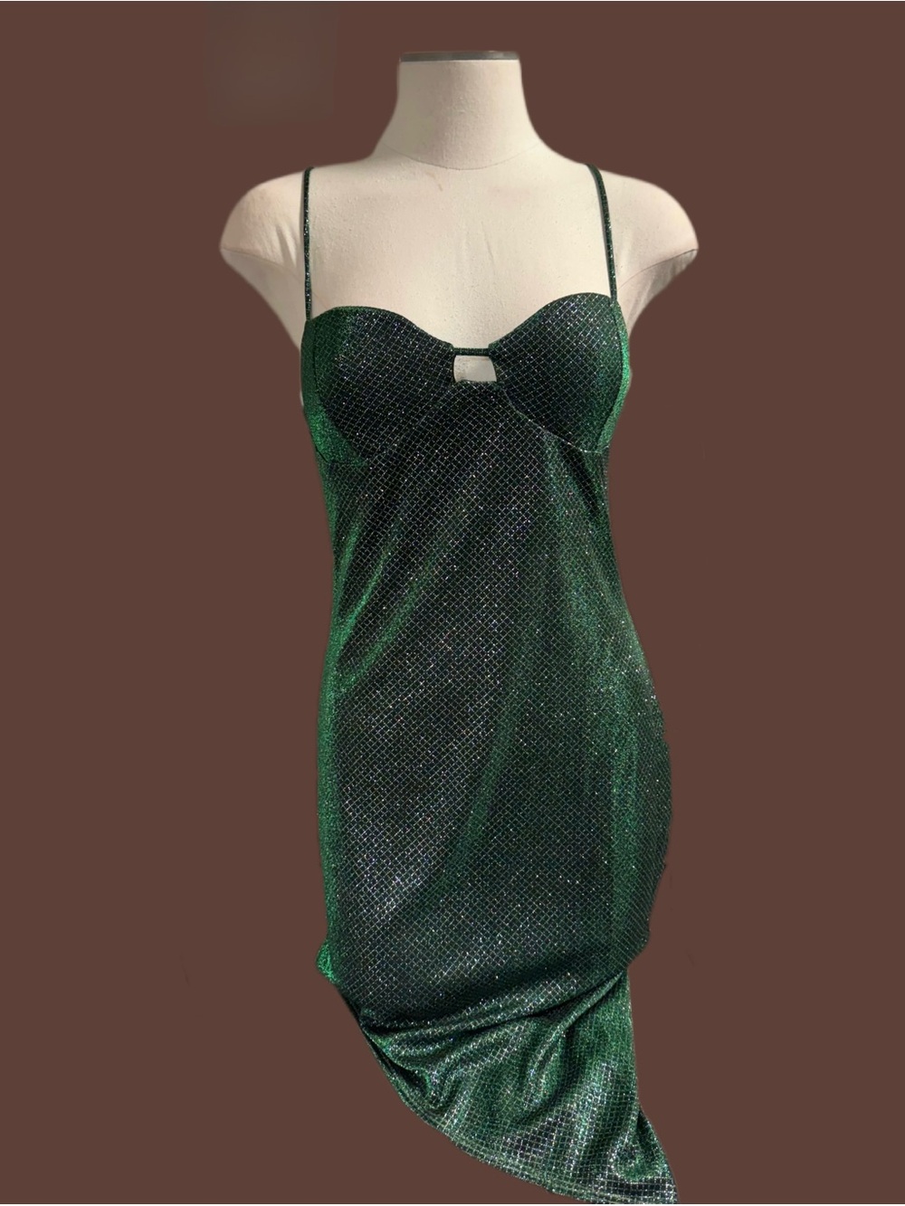 Shimmering Emerald Bustier Midi Dress with Spaghetti Straps